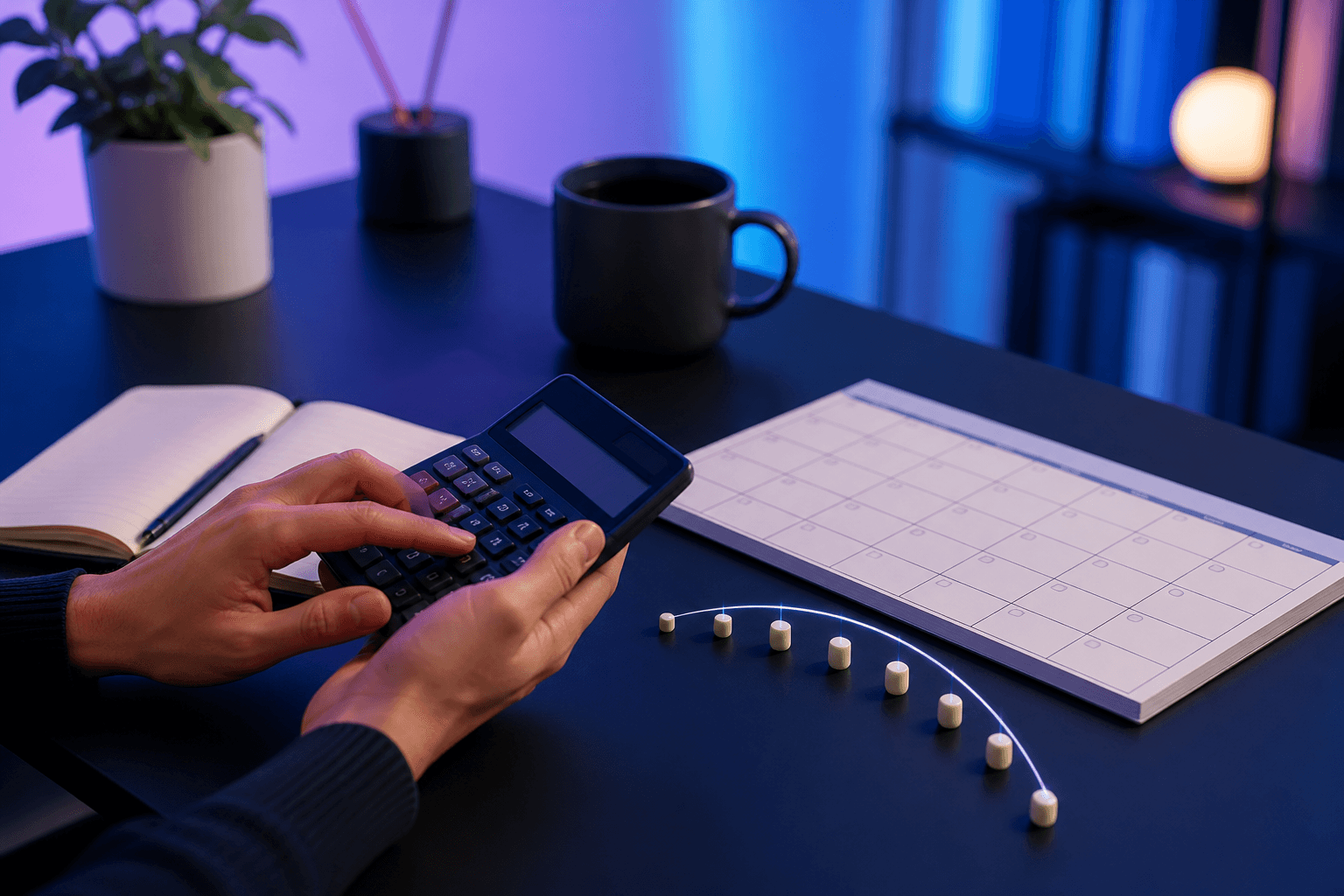Hands estimating a monthly payment with a calculator and calendar